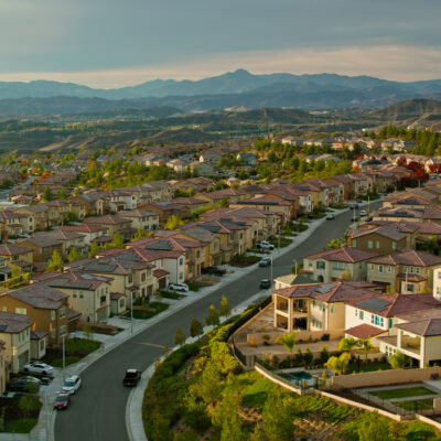 Aerial shot of Santa Clarita, California on a beautiful autumn evening. Santa Clarita is a suburb in Los Angeles County north of the city of Los Angeles.